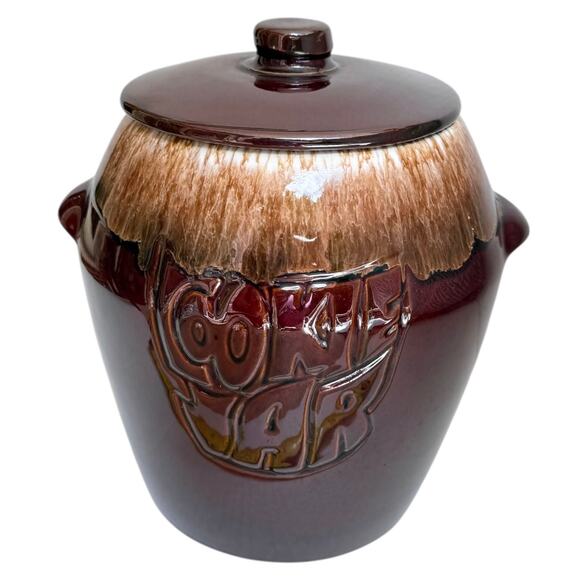 VTG McCoy Brown Drip COOKIE JAR Canister & Lid 9.25" Bean Pot Handles 60's Style - Picture 1 of 7